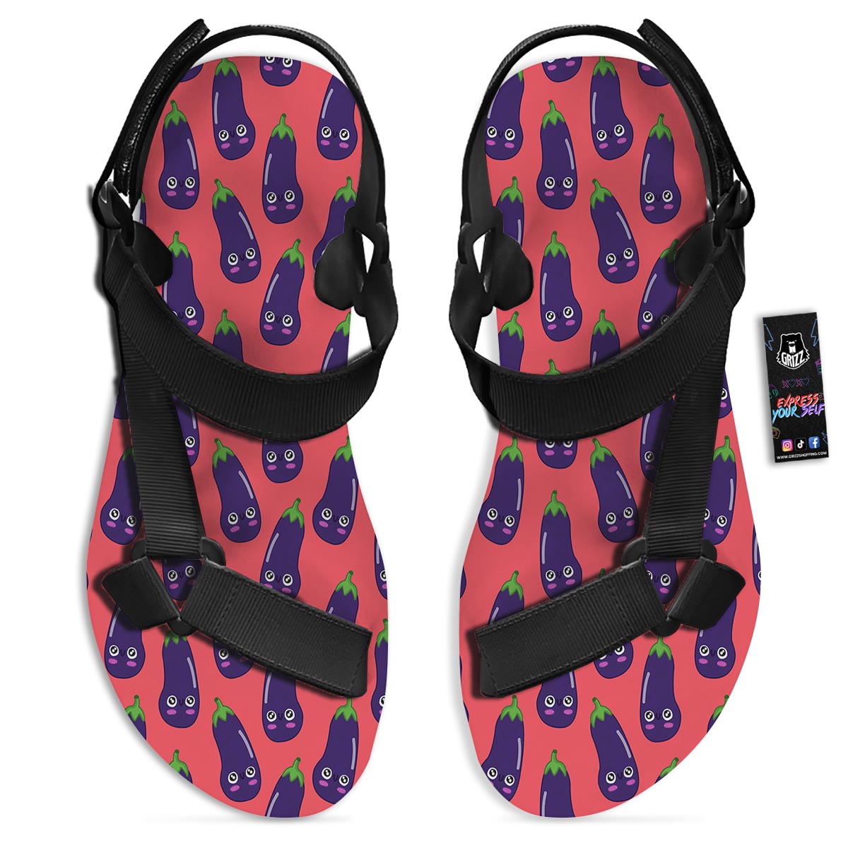 Eggplant Funny Print Pattern Black Open Toe Sandals-grizzshop