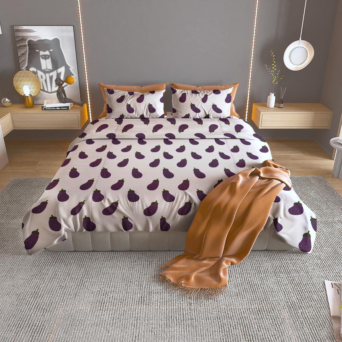 Eggplant Funny Print Pattern Duvet Cover Bedding Set-grizzshop