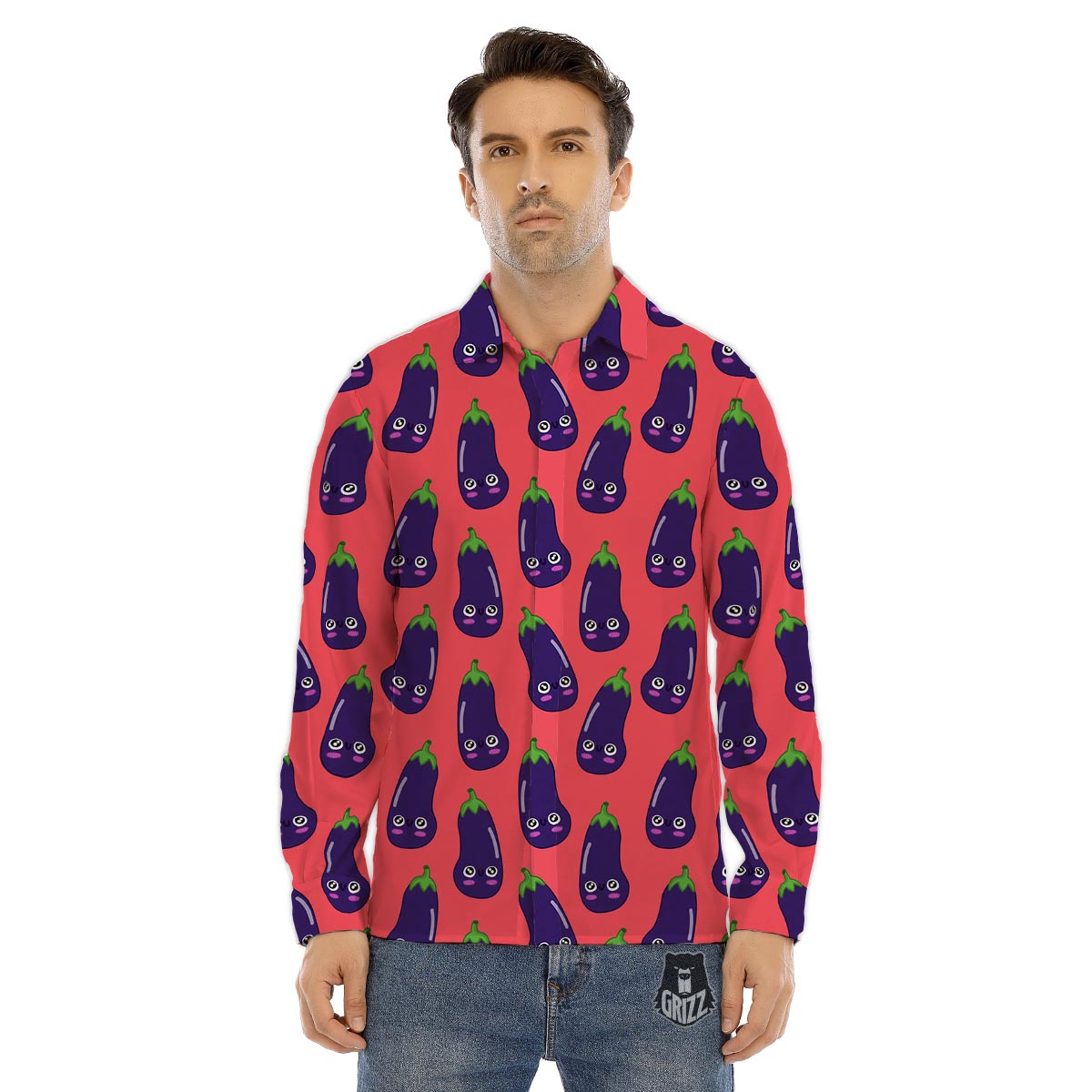 Eggplant Funny Print Pattern Men's Dress Shirts-grizzshop