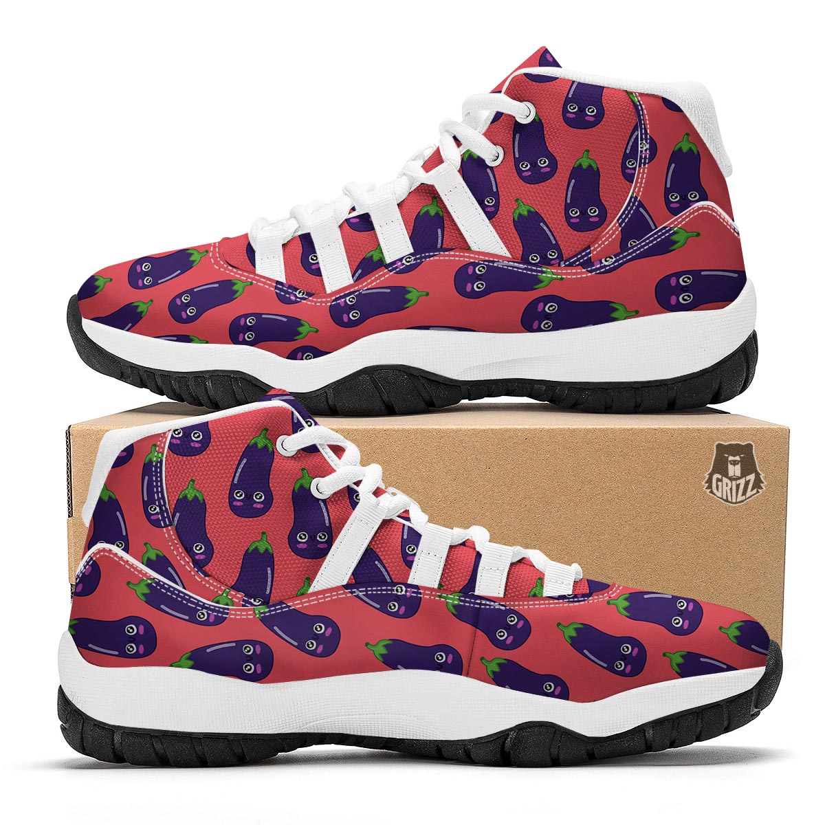Eggplant Funny Print Pattern White Bball Shoes-grizzshop