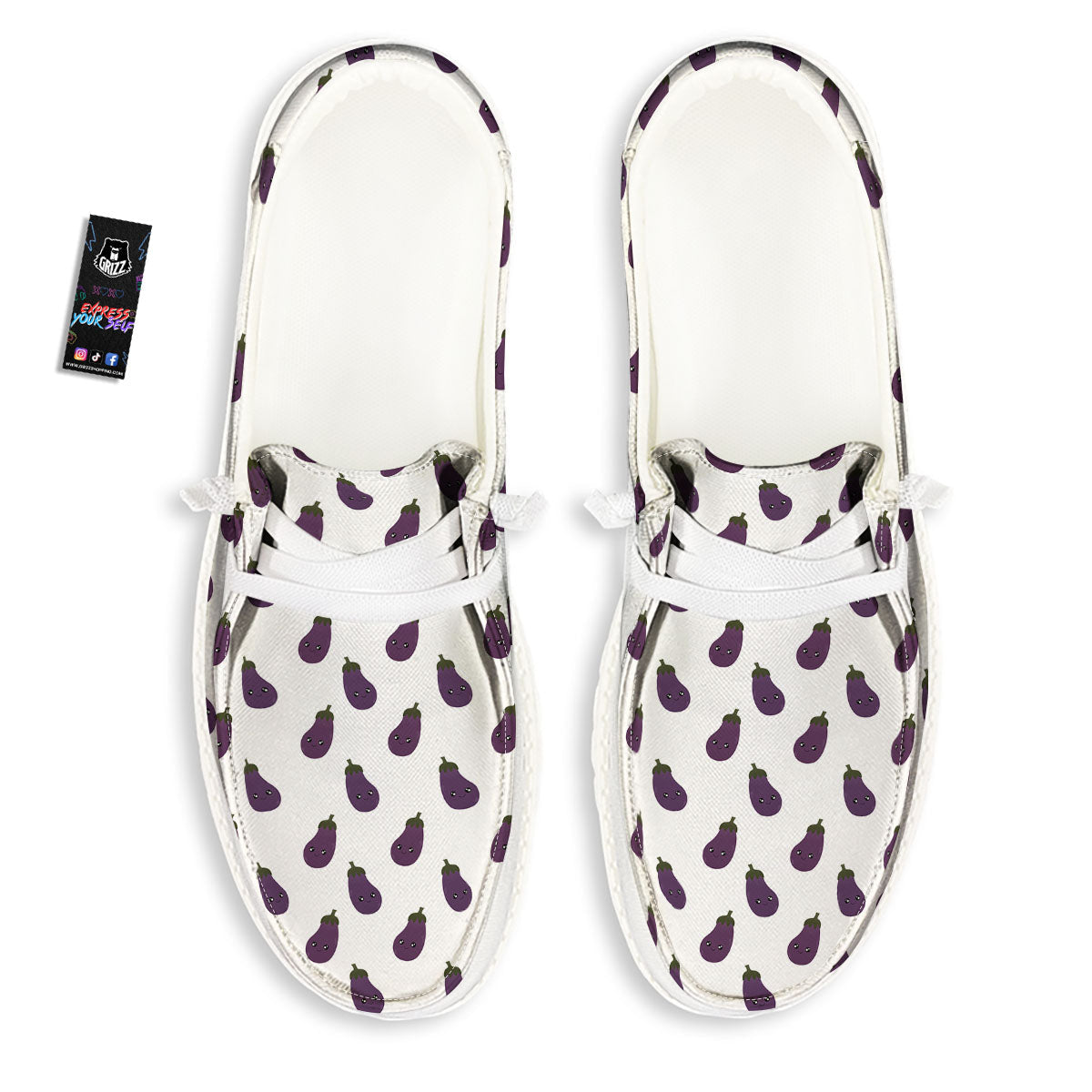 Eggplant Funny Print Pattern White Loafers-grizzshop