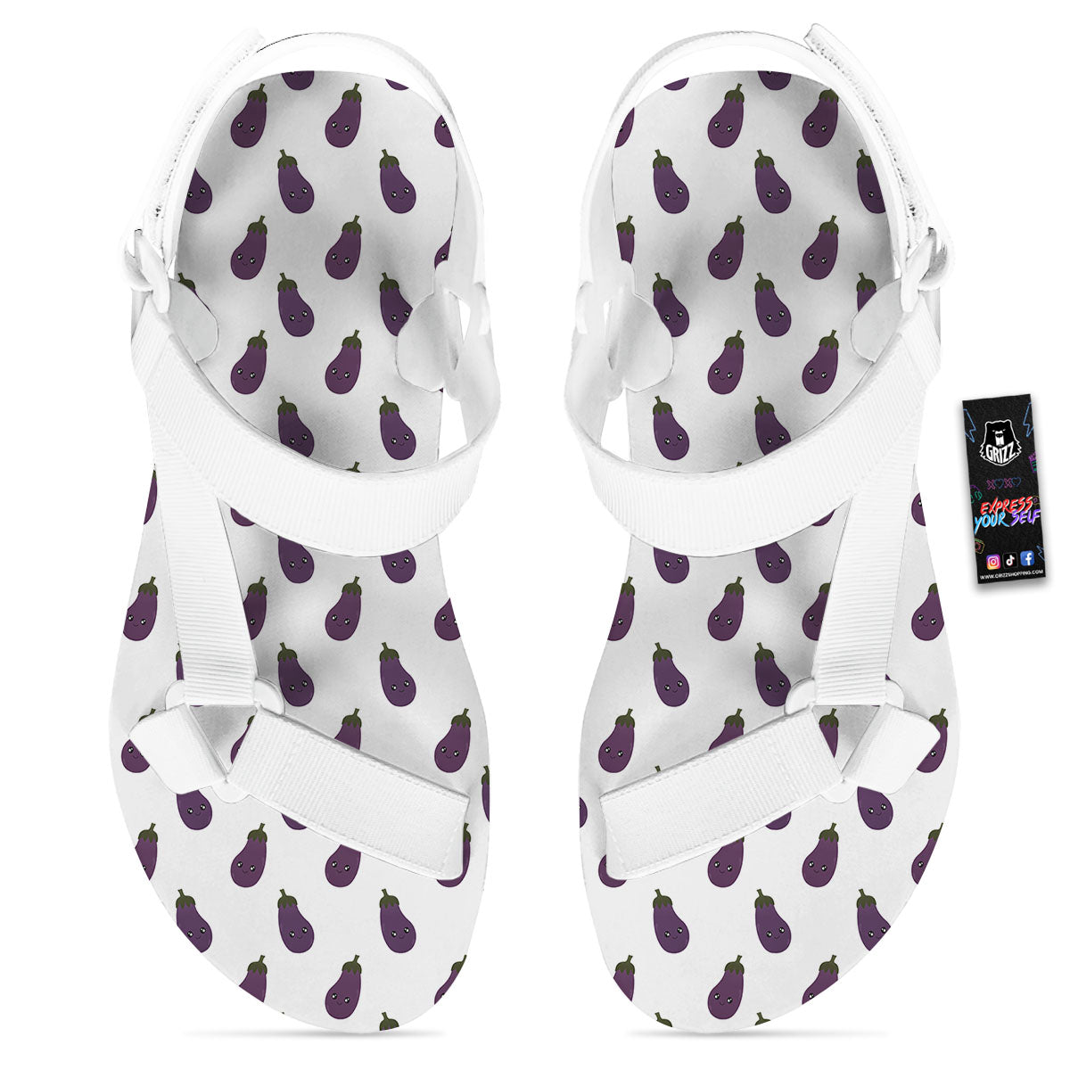 Eggplant Funny Print Pattern White Open Toe Sandals-grizzshop