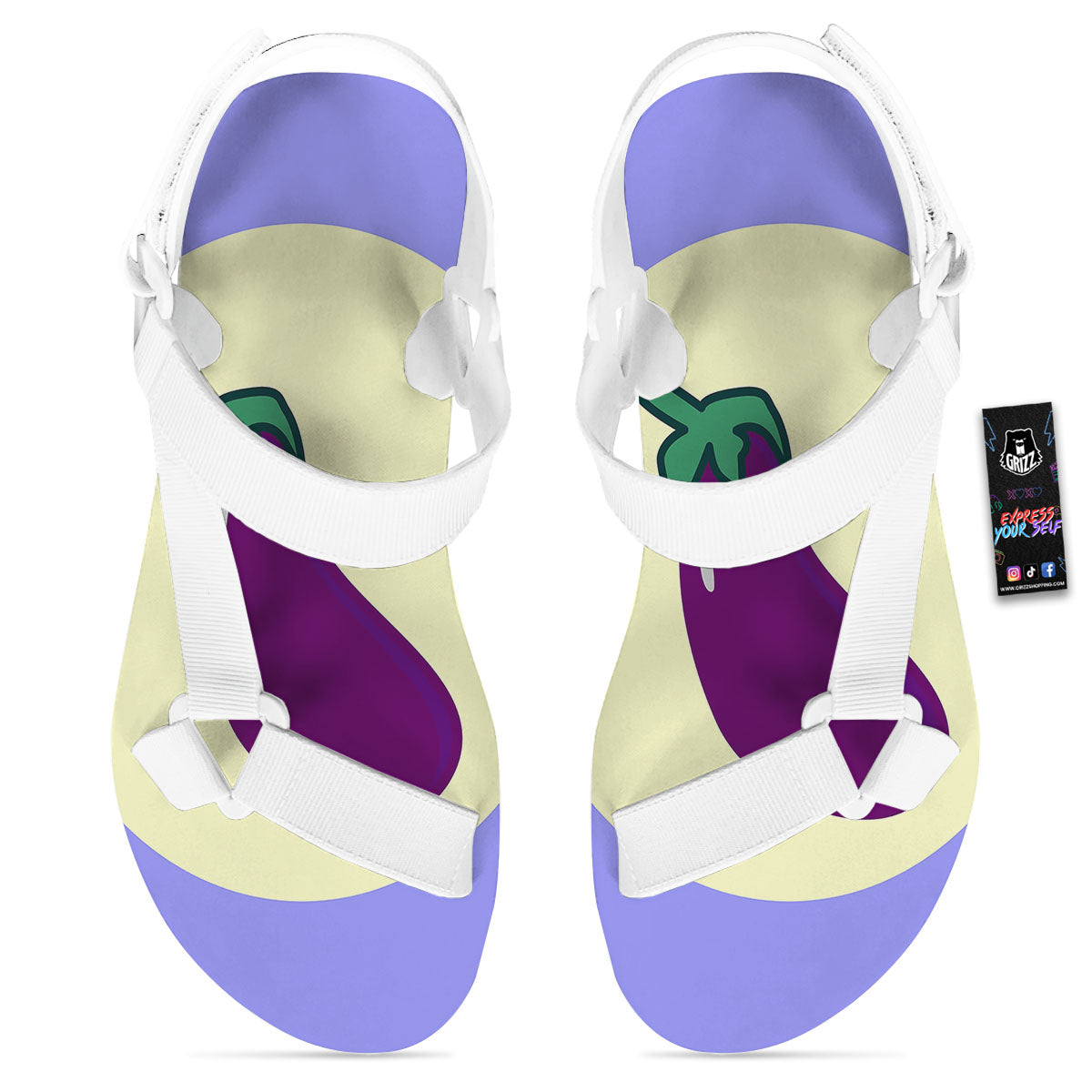 Eggplant Print White Open Toe Sandals-grizzshop