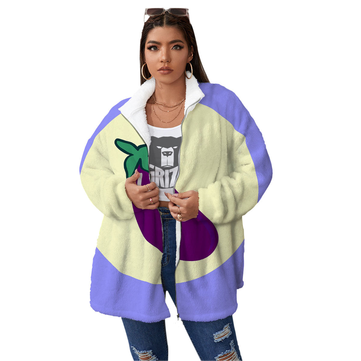 Eggplant Print Women's Sherpa Jacket-grizzshop