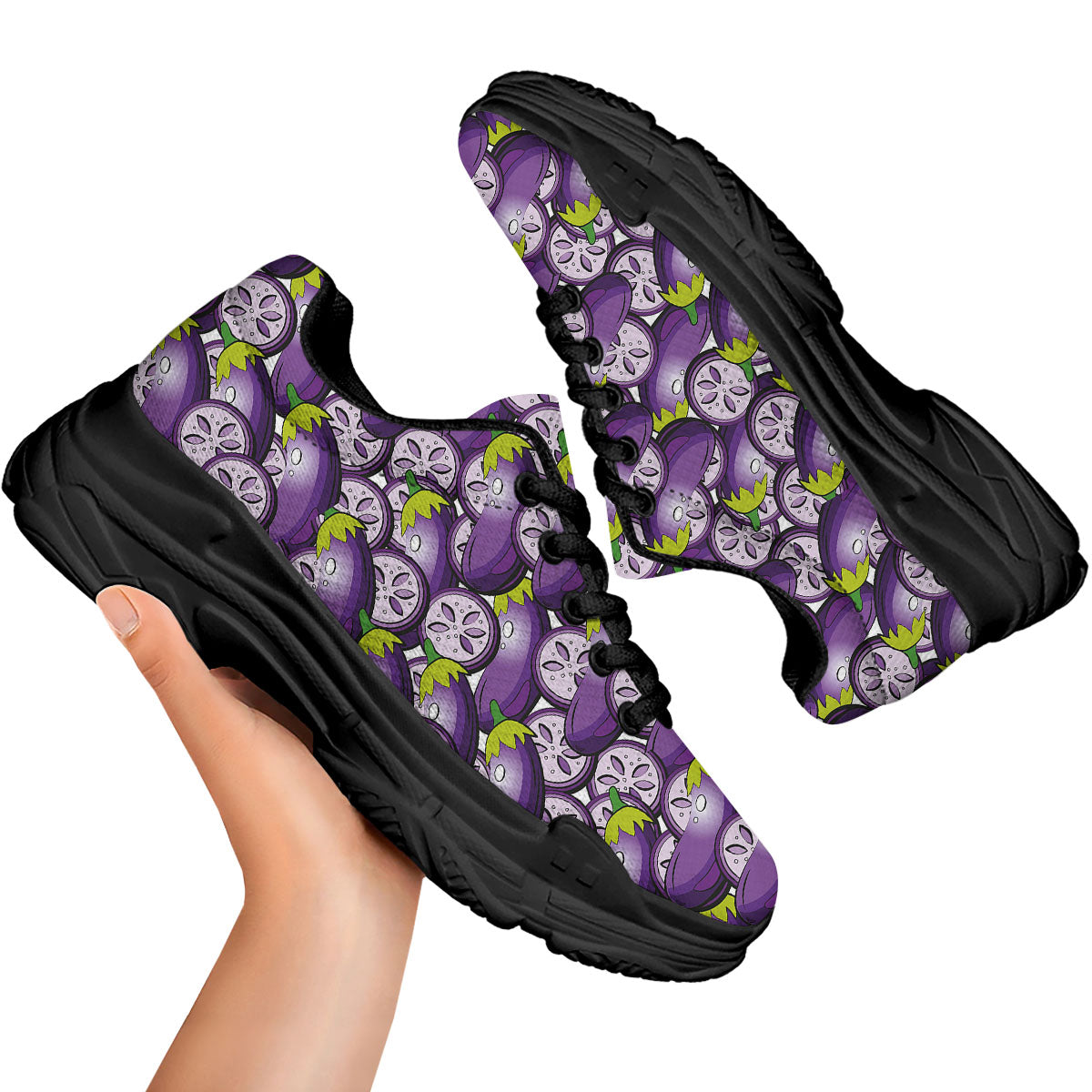 Eggplant Purple Print Pattern Black Chunky Shoes-grizzshop