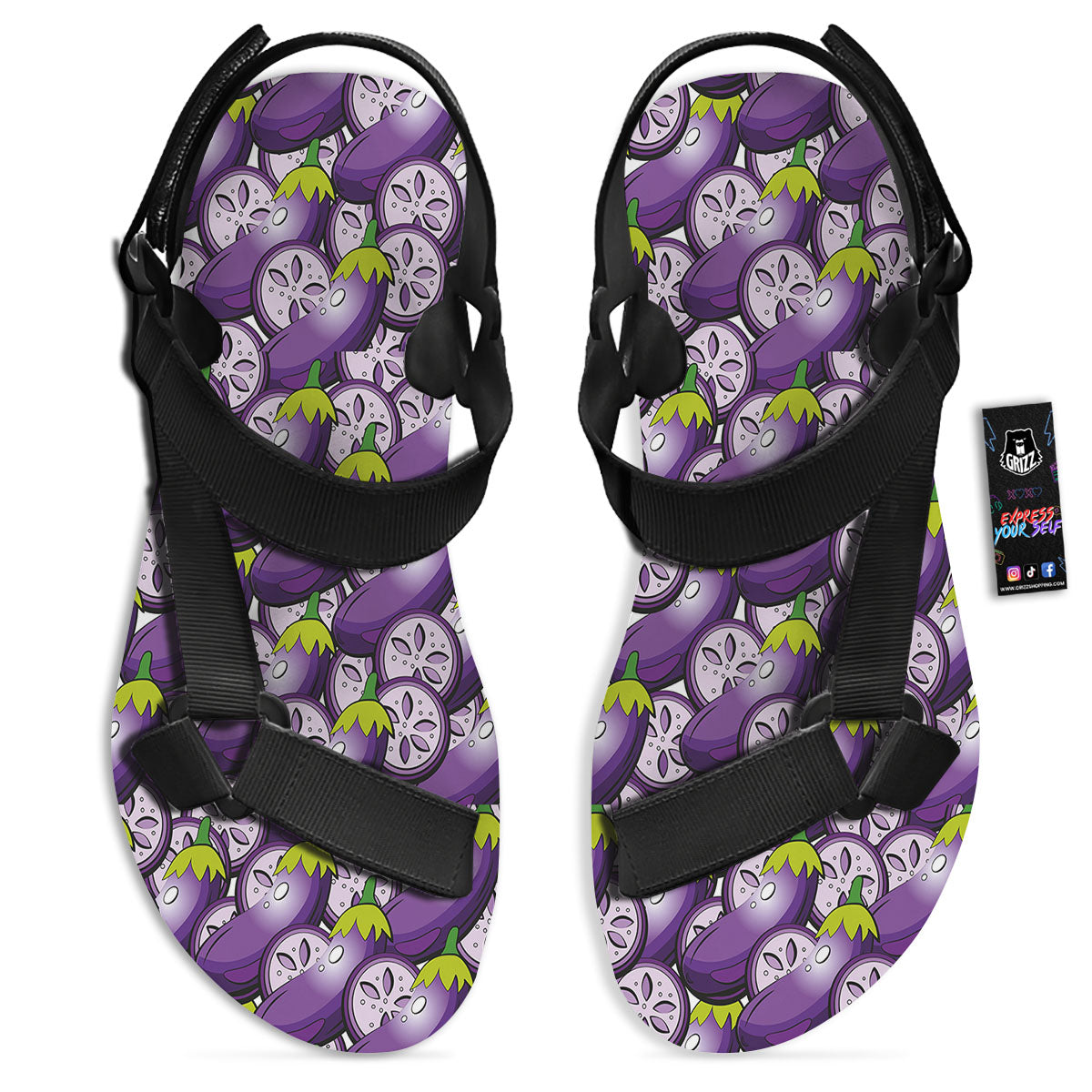 Eggplant Purple Print Pattern Black Open Toe Sandals-grizzshop