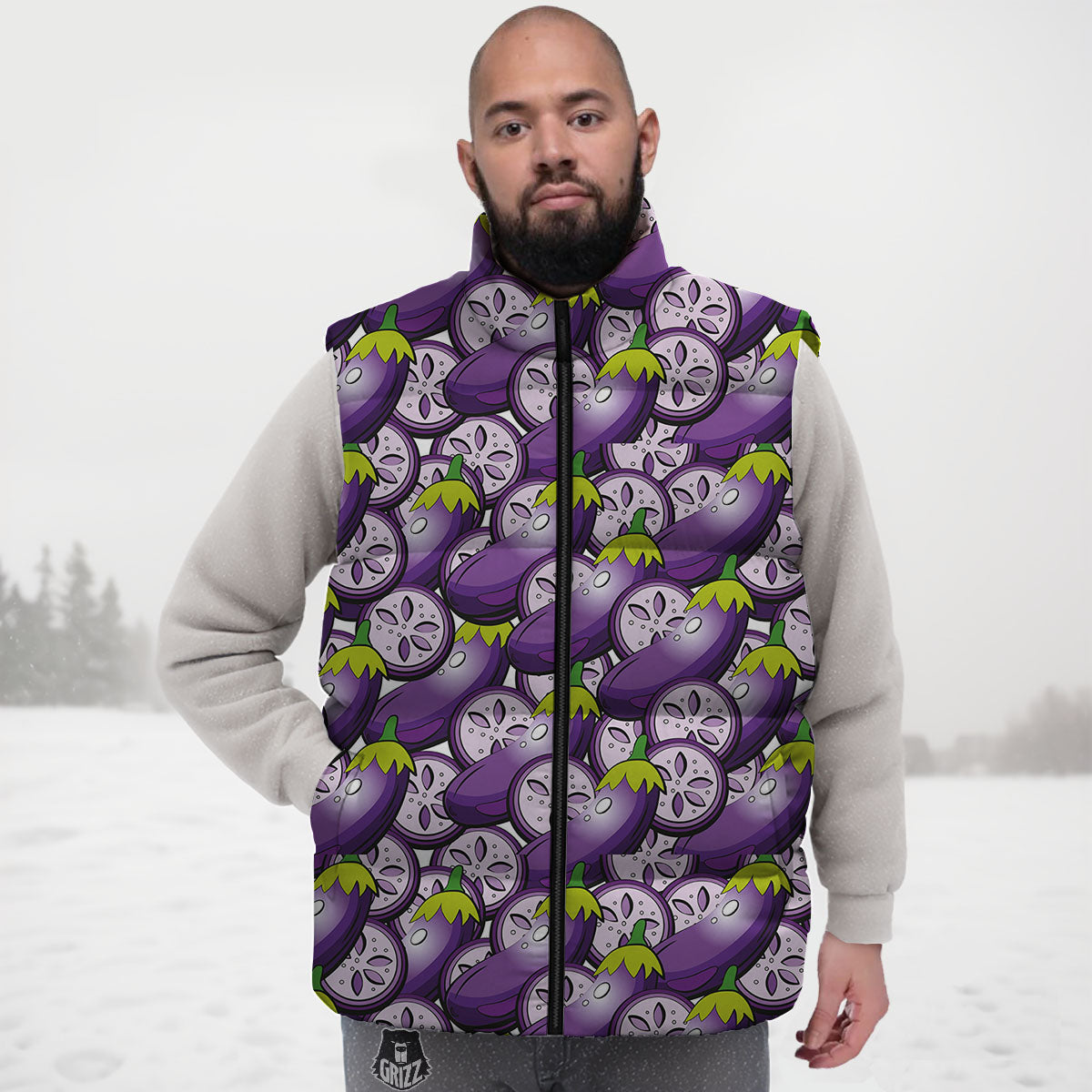 Eggplant Purple Print Pattern Down Vest-grizzshop