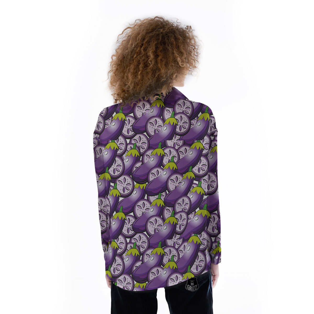 Eggplant Purple Print Pattern Women's Long Sleeve Shirts-grizzshop