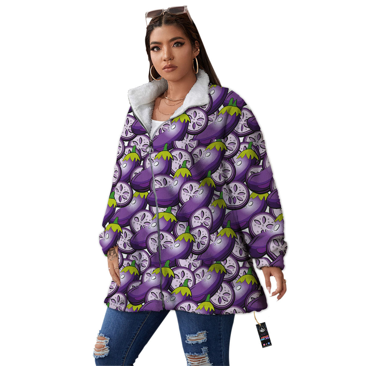 Eggplant Purple Print Pattern Women's Sherpa Jacket-grizzshop