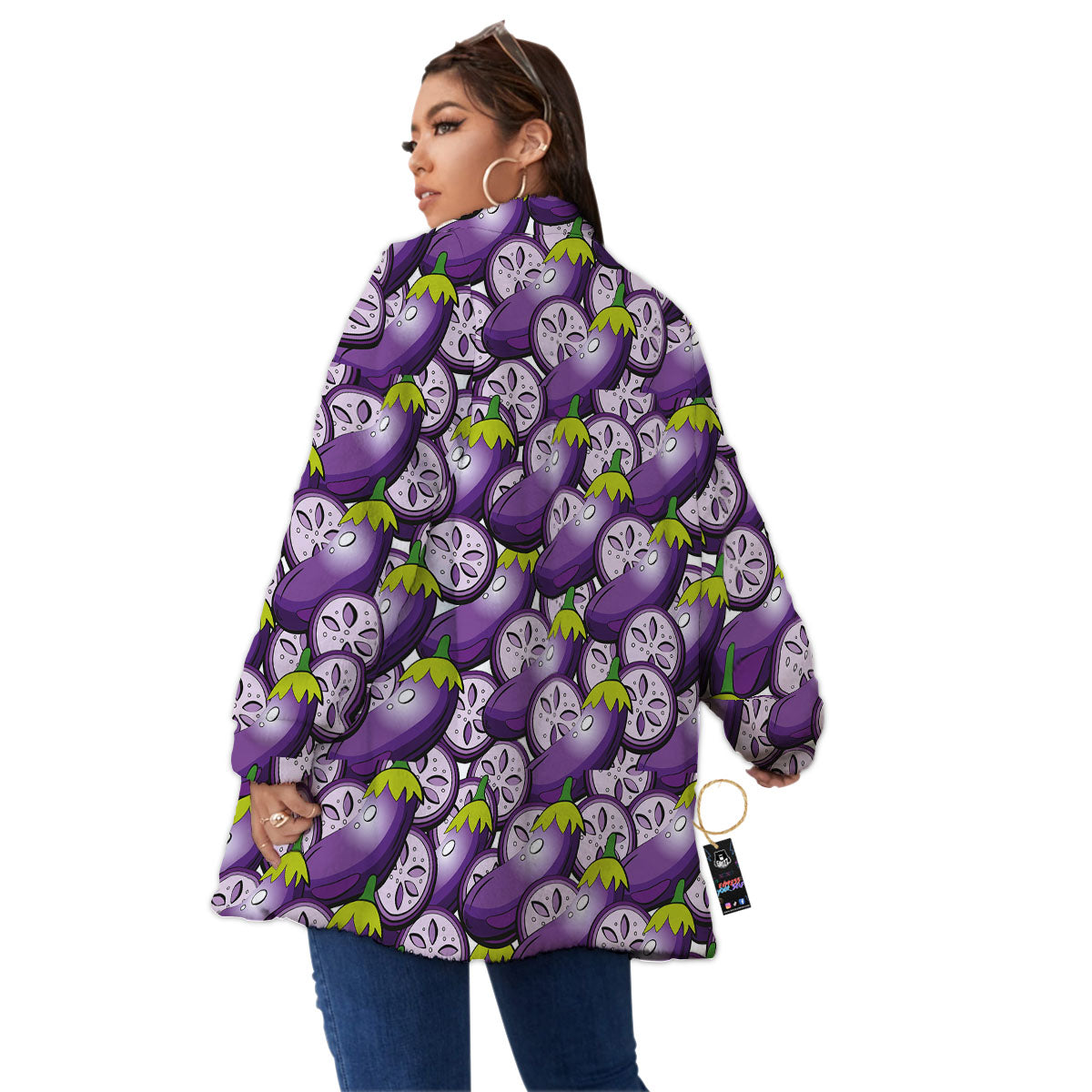 Eggplant Purple Print Pattern Women's Sherpa Jacket-grizzshop