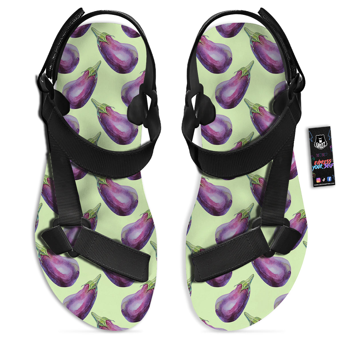 Eggplant Watercolor Pattern Black Open Toe Sandals-grizzshop