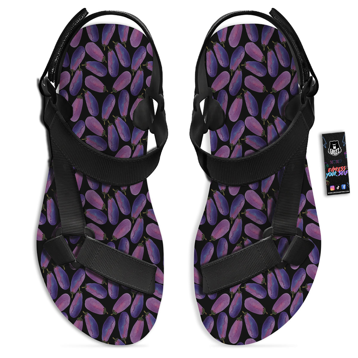 Eggplant Watercolor Print Pattern Black Open Toe Sandals-grizzshop