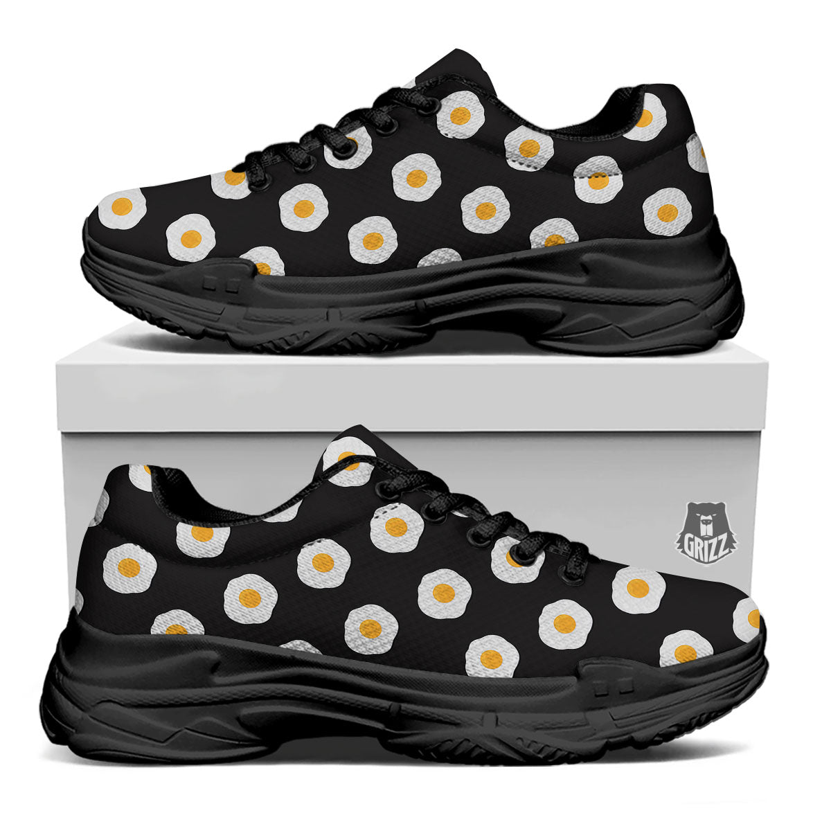 Eggs Black Fried Print Pattern Black Chunky Shoes-grizzshop