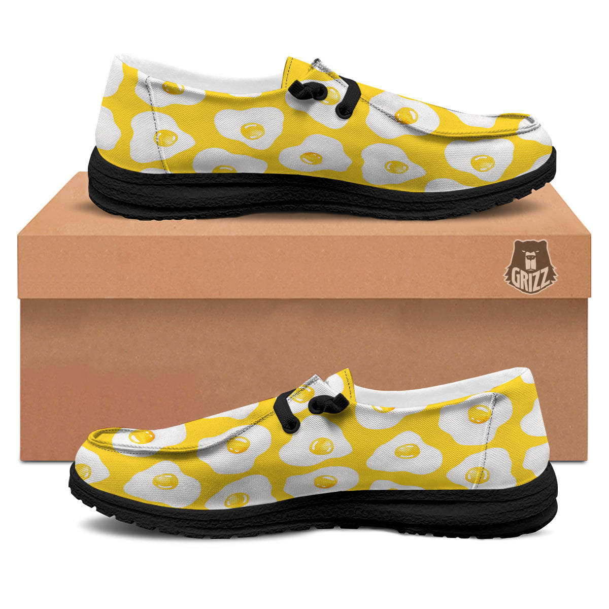 Eggs Yellow Print Pattern Black Loafers-grizzshop