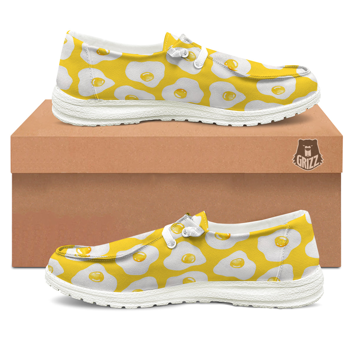 Eggs Yellow Print Pattern White Loafers-grizzshop