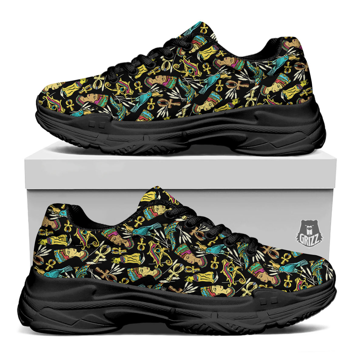 Egypt Ancient Print Pattern Black Chunky Shoes-grizzshop