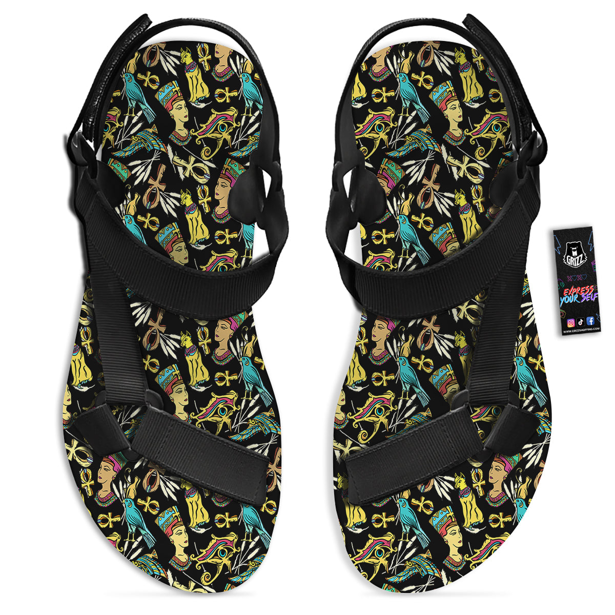 Egypt Ancient Print Pattern Black Open Toe Sandals-grizzshop