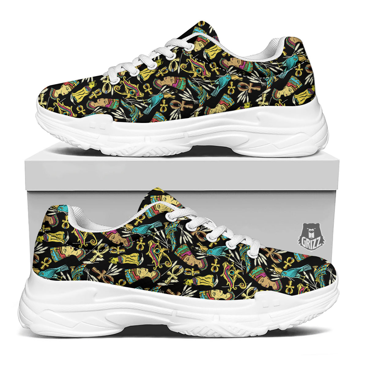 Egypt Ancient Print Pattern White Chunky Shoes-grizzshop