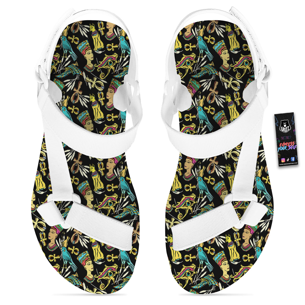 Egypt Ancient Print Pattern White Open Toe Sandals-grizzshop
