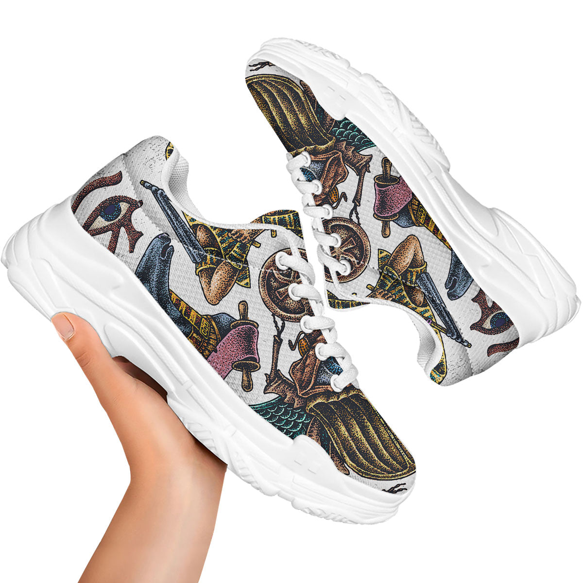 Egypt Hand Drawn Print White Chunky Shoes-grizzshop