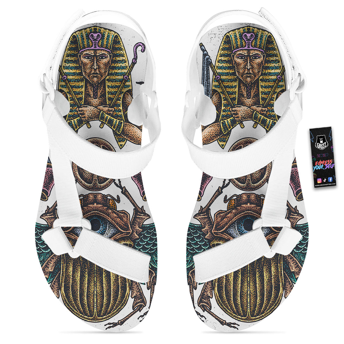 Egypt Hand Drawn Print White Open Toe Sandals-grizzshop