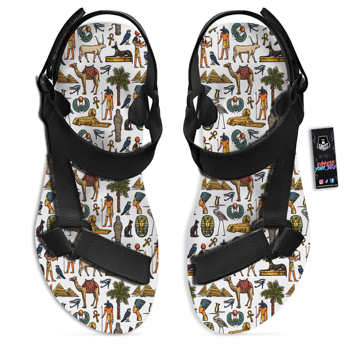 Egypt Religion Symbols Print Pattern Black Open Toe Sandals-grizzshop
