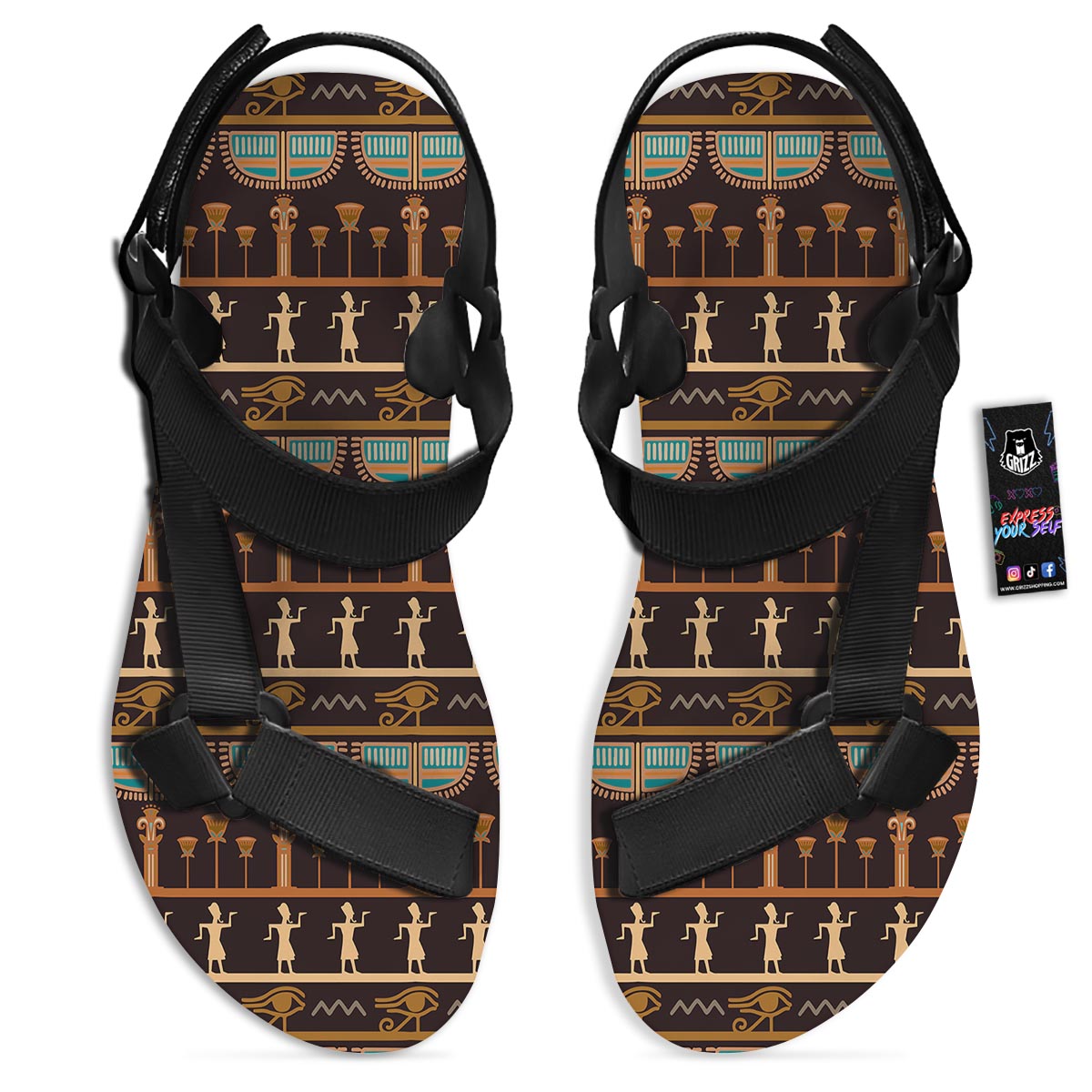 Egypt Tribal Print Pattern Black Open Toe Sandals-grizzshop