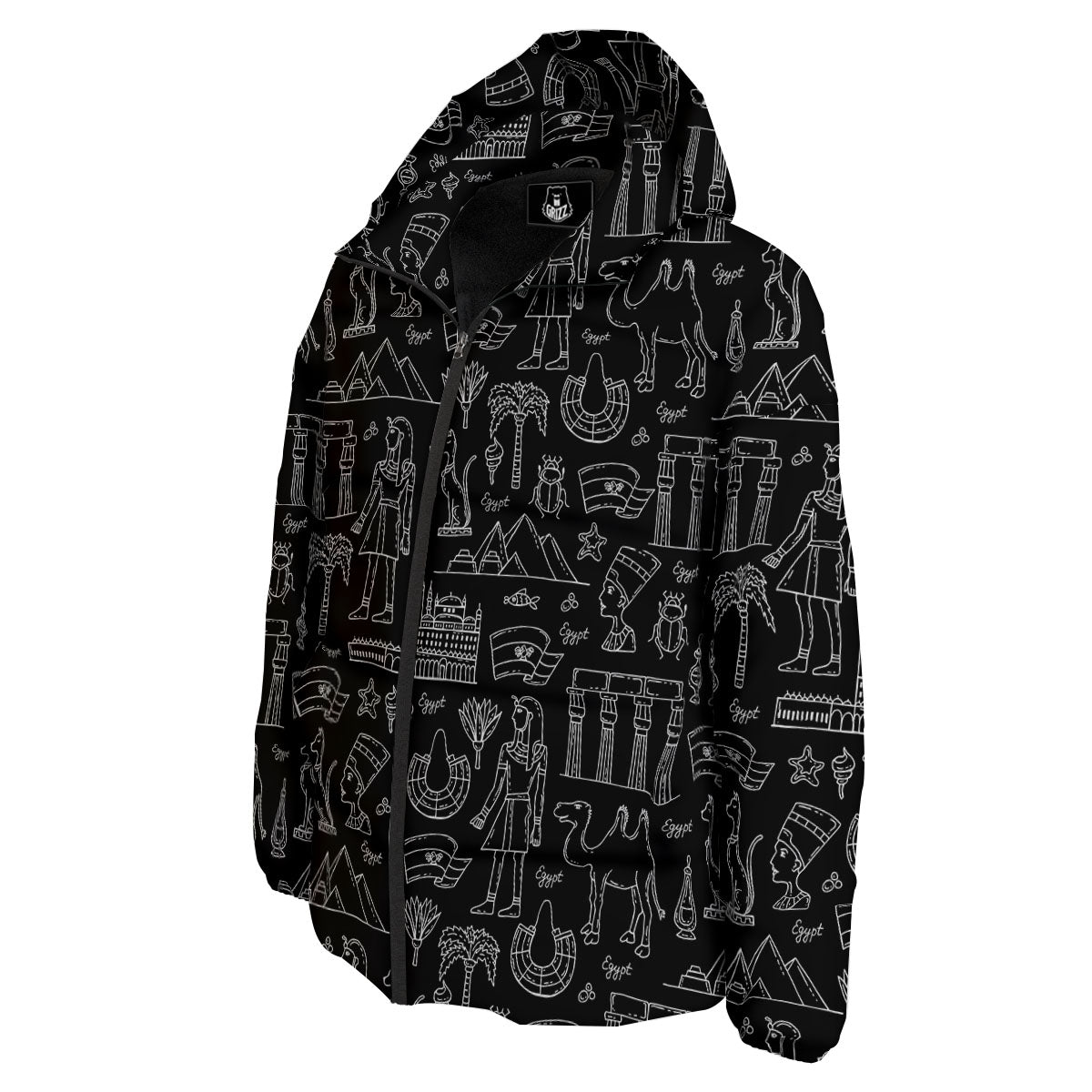 Egypt White And Black Print Pattern Down Jacket-grizzshop