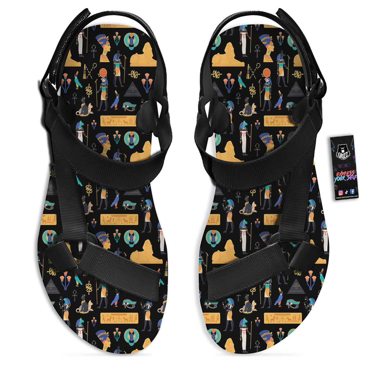 Egyptian Ancient Print Pattern Black Open Toe Sandals-grizzshop