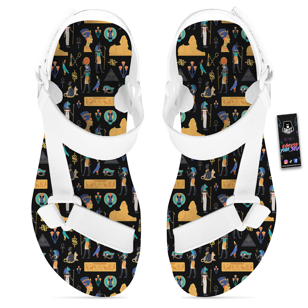Egyptian Ancient Print Pattern White Open Toe Sandals-grizzshop