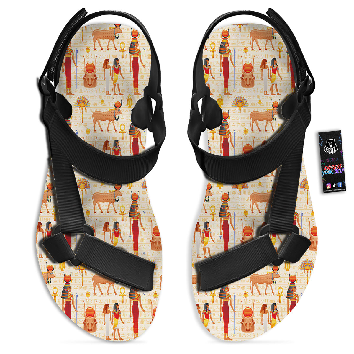 Egyptian Cow Hathor Goddess Print Pattern Black Open Toe Sandals-grizzshop