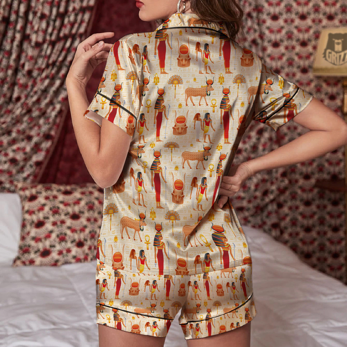 Egyptian Cow Hathor Goddess Print Pattern Women Silk Pajamas-grizzshop