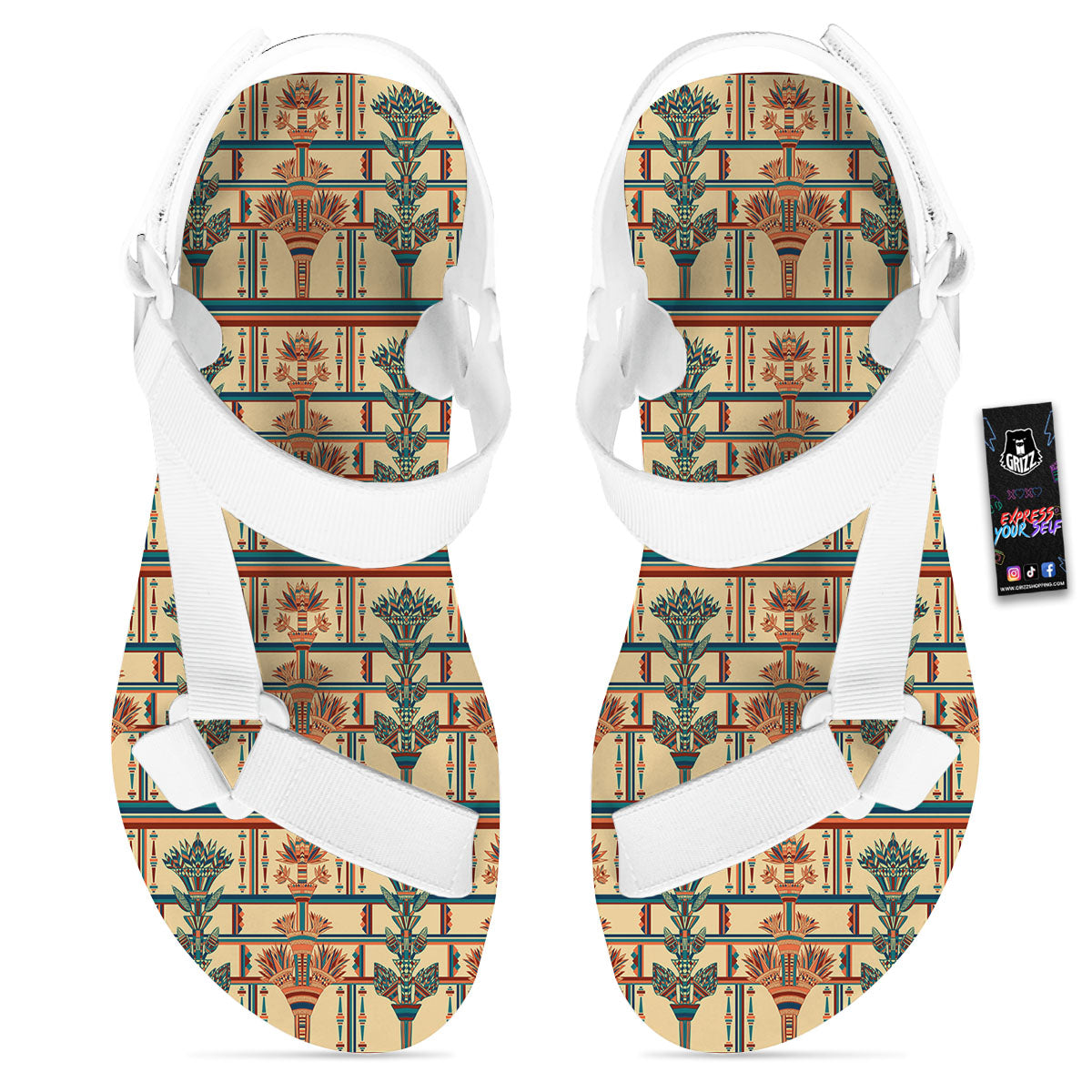 Egyptian Ornament Print Pattern White Open Toe Sandals-grizzshop