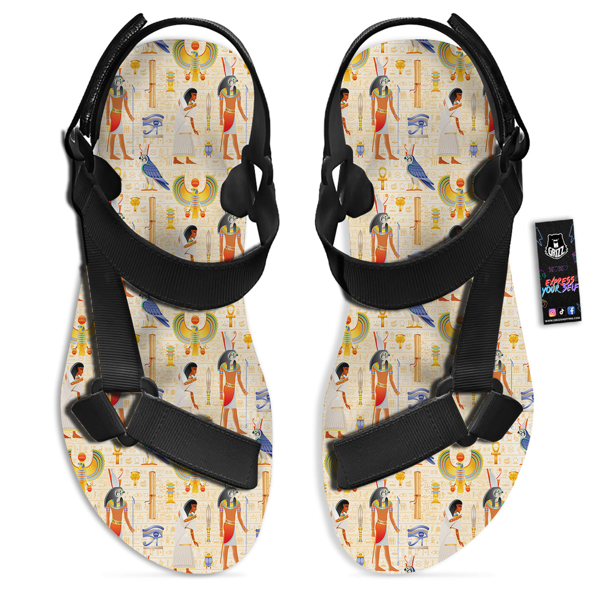 Egyptian Print Pattern Black Open Toe Sandals-grizzshop