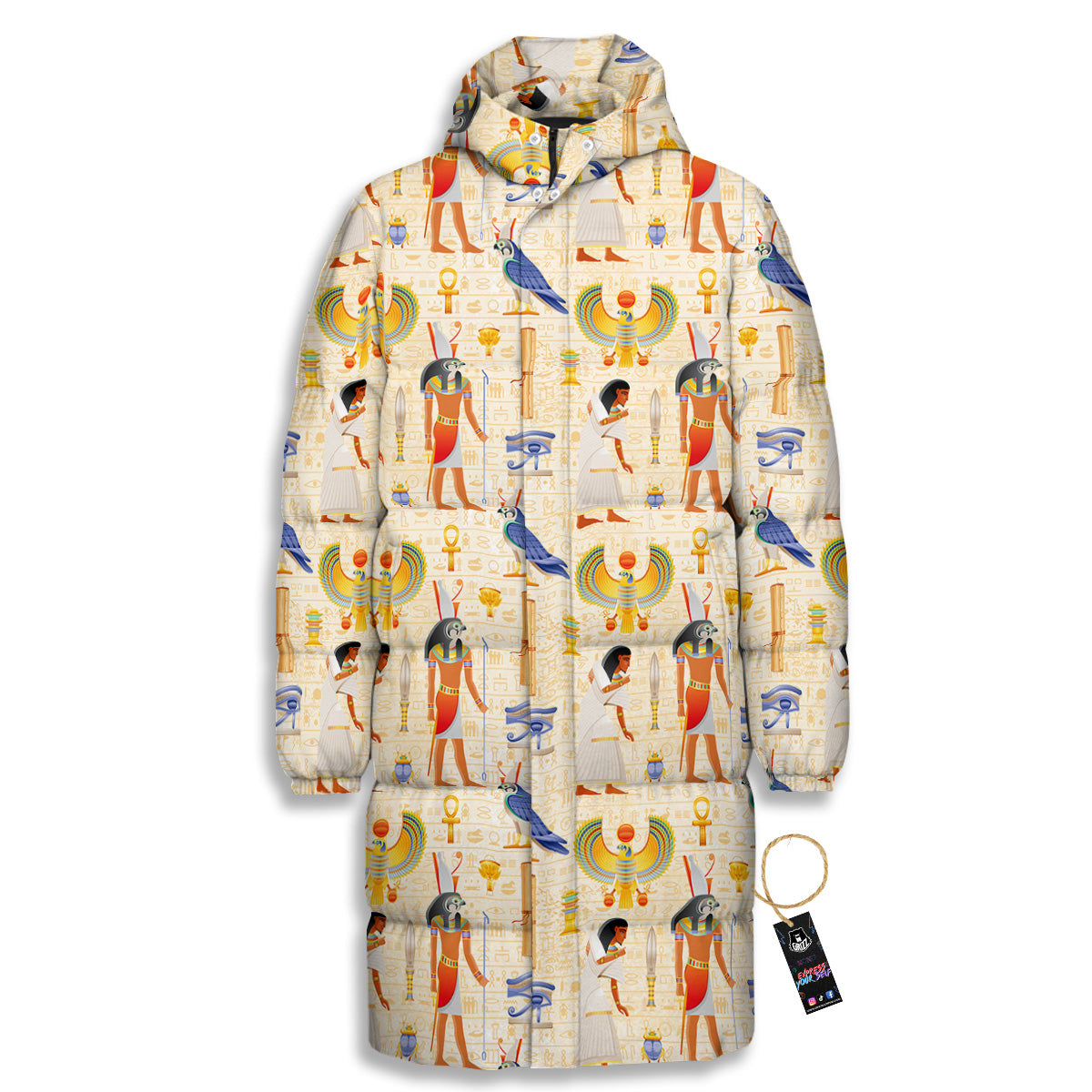 Egyptian Print Pattern Long Down Jacket-grizzshop