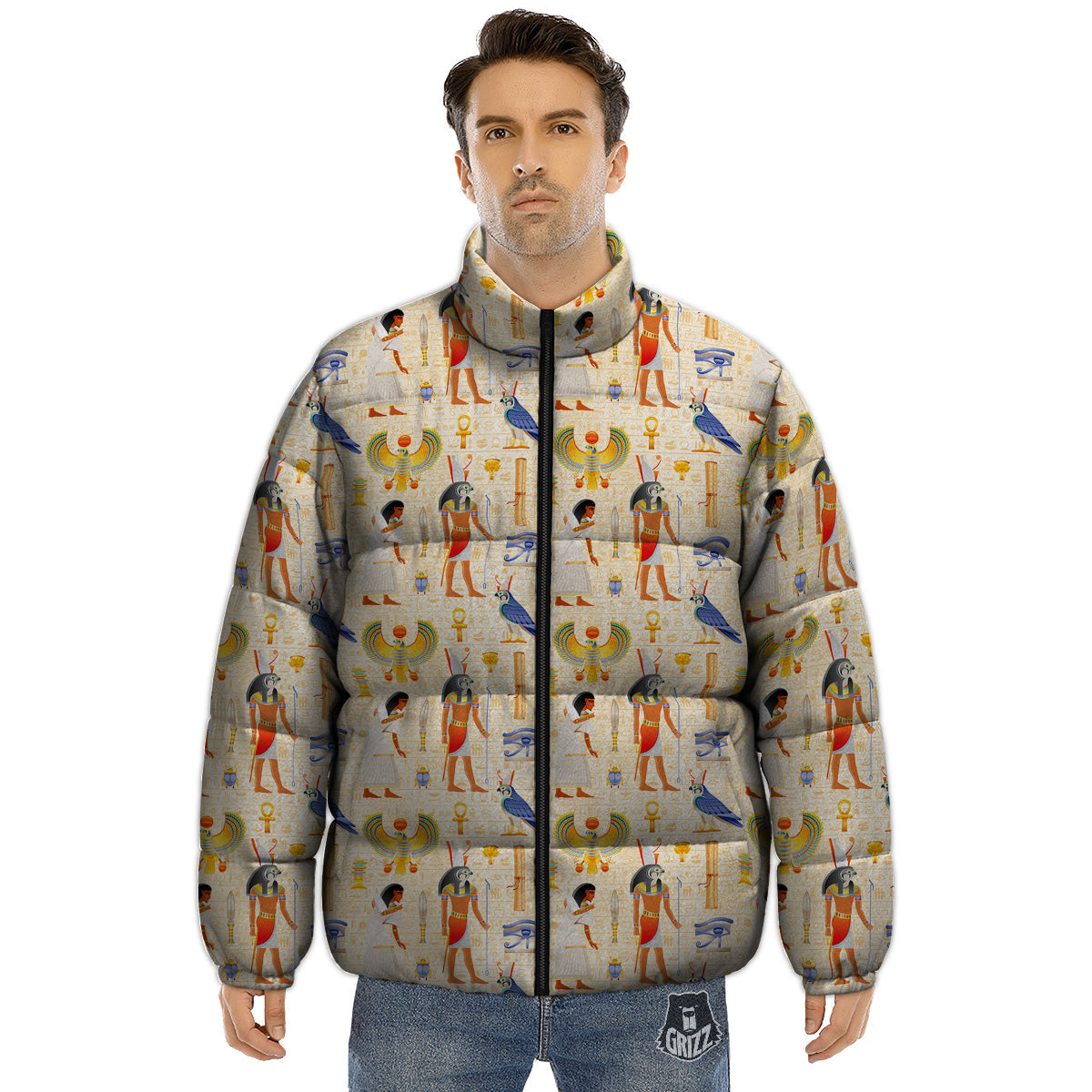 Egyptian Print Pattern Puffer Jacket-grizzshop