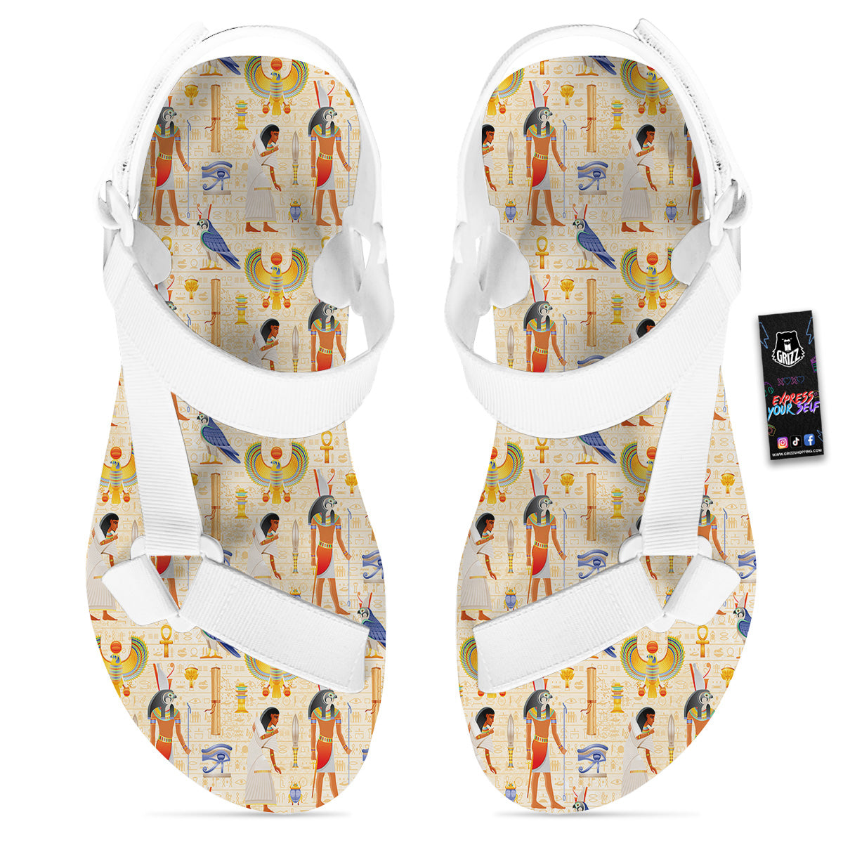 Egyptian Print Pattern White Open Toe Sandals-grizzshop