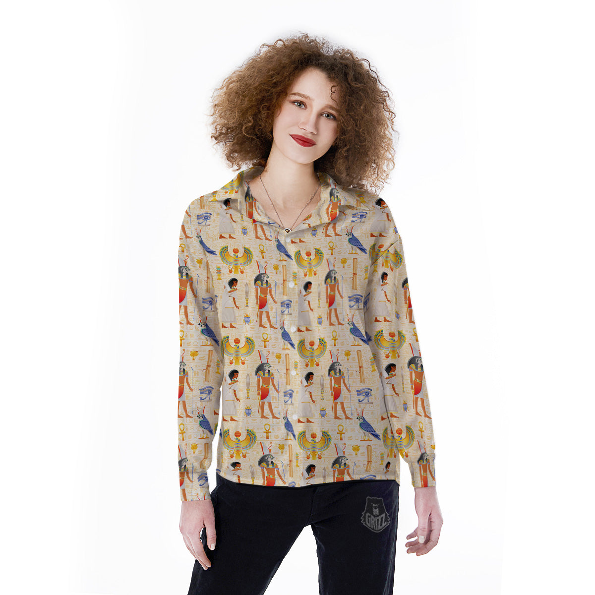 Egyptian Print Pattern Women's Long Sleeve Shirts-grizzshop
