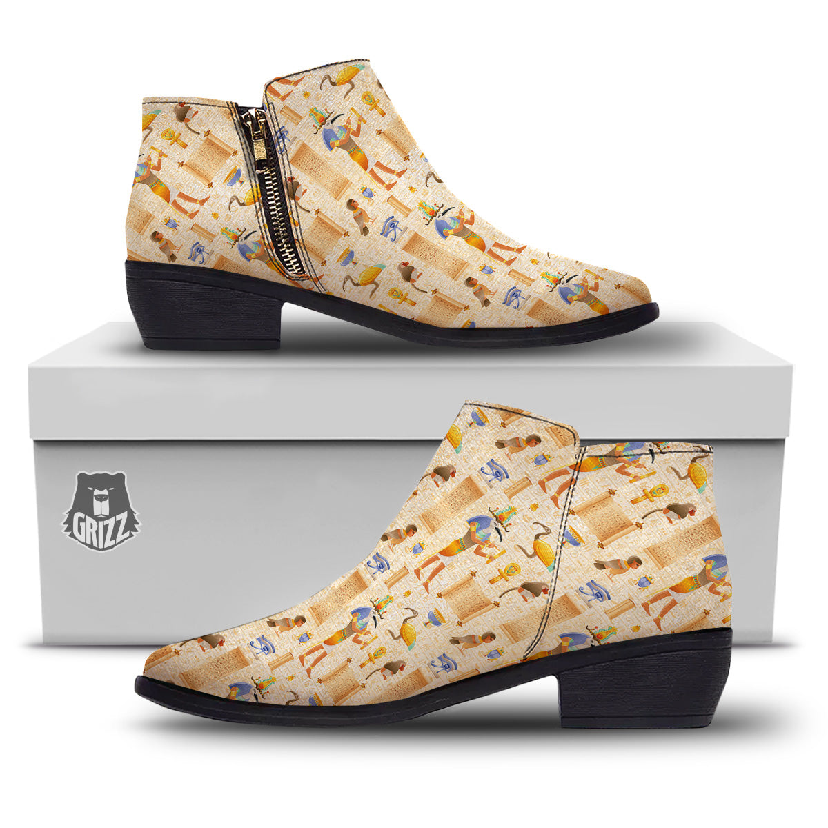 Egyptian Thoth Print Pattern Ankle Boots-grizzshop