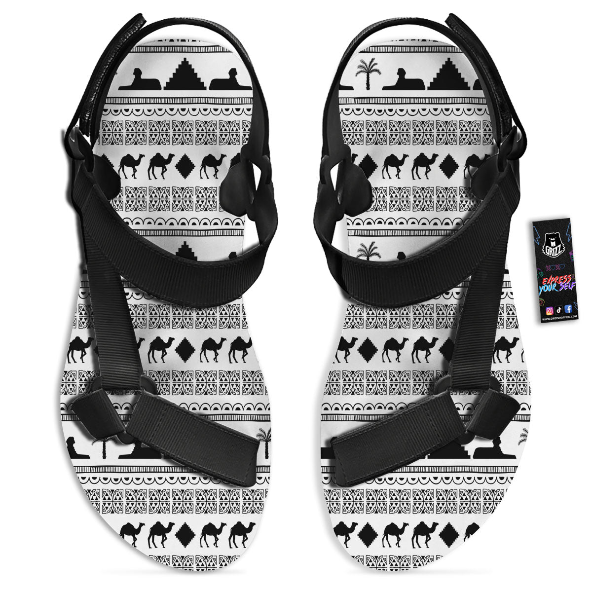 Egyptian White And Black Print Pattern Black Open Toe Sandals-grizzshop