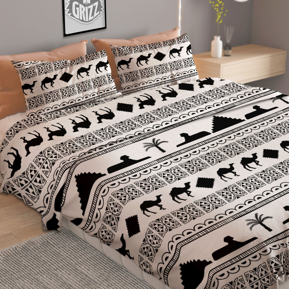 Egyptian White And Black Print Pattern Duvet Cover Bedding Set