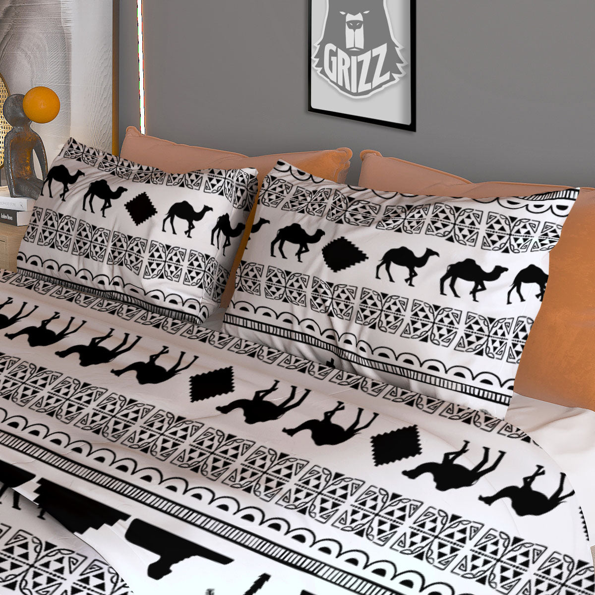 Egyptian White And Black Print Pattern Duvet Cover Bedding Set
