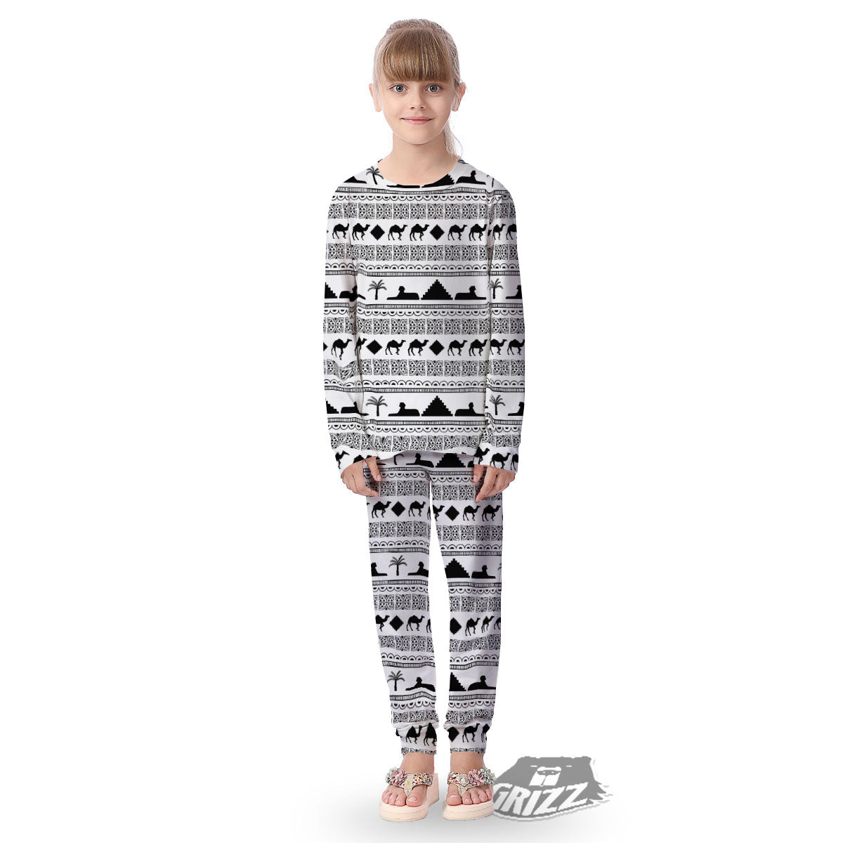 Egyptian White And Black Print Pattern Kid's Pajamas-grizzshop