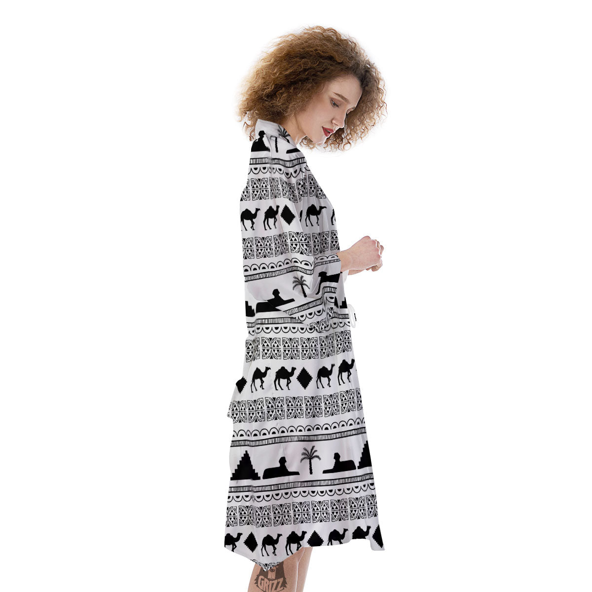 Egyptian White And Black Print Pattern Kimono-grizzshop