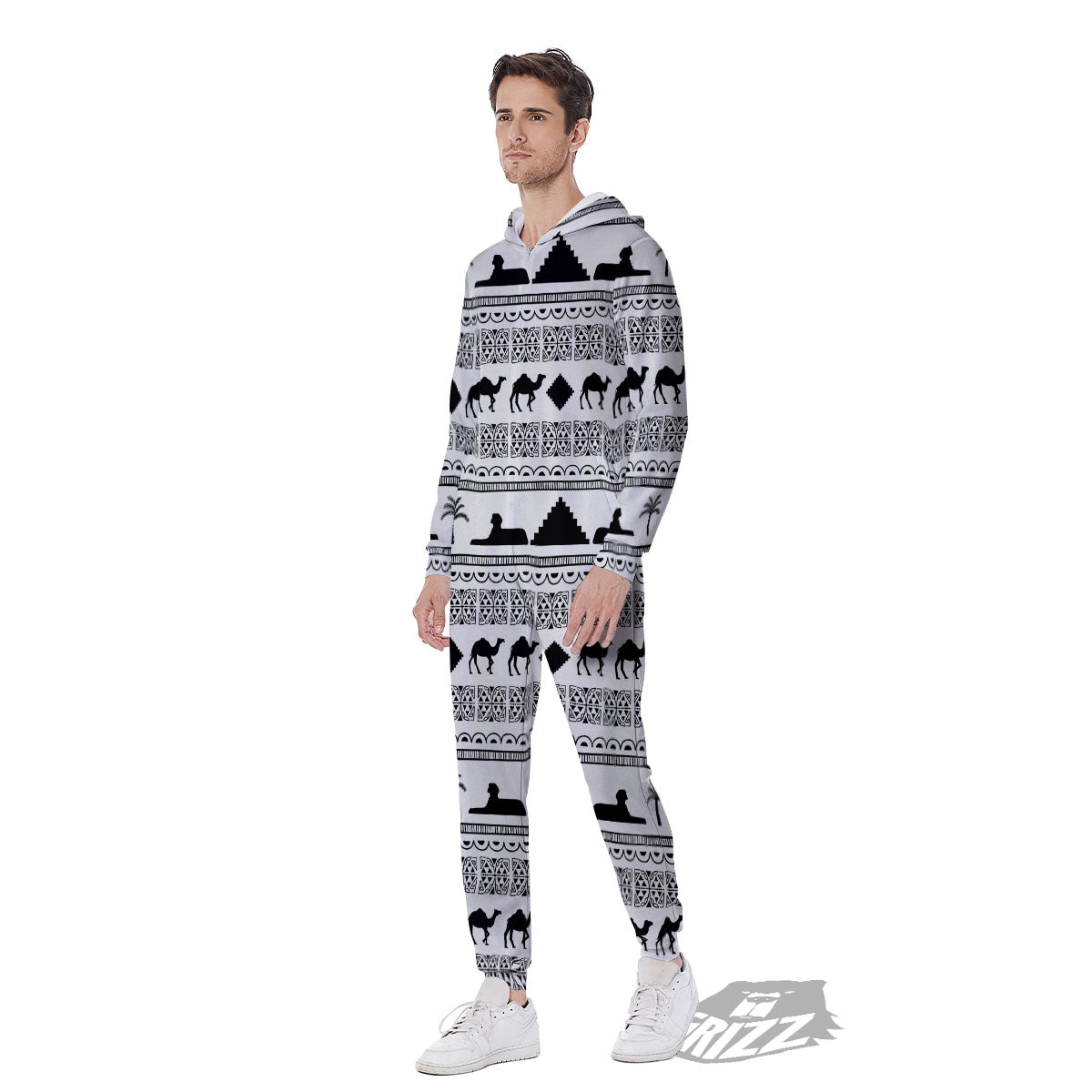 Egyptian White And Black Print Pattern Men's Jumpsuit-grizzshop