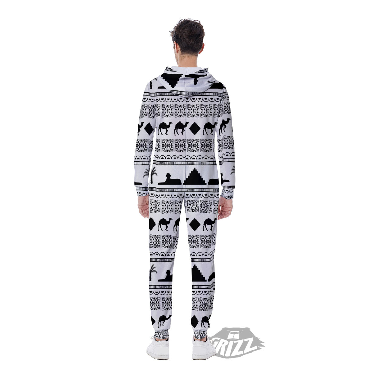 Egyptian White And Black Print Pattern Men's Jumpsuit-grizzshop