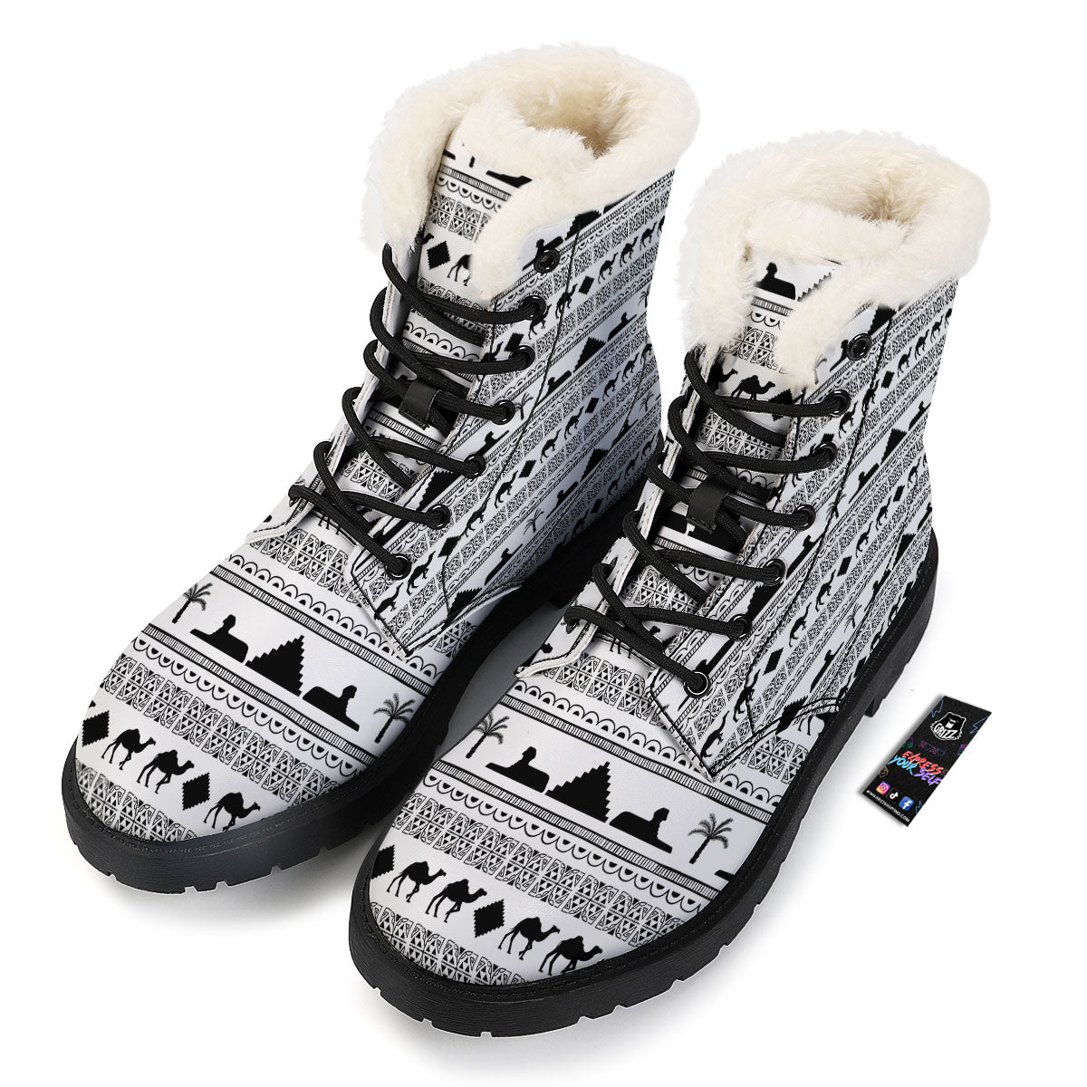 Egyptian White And Black Print Pattern Winter Boots-grizzshop