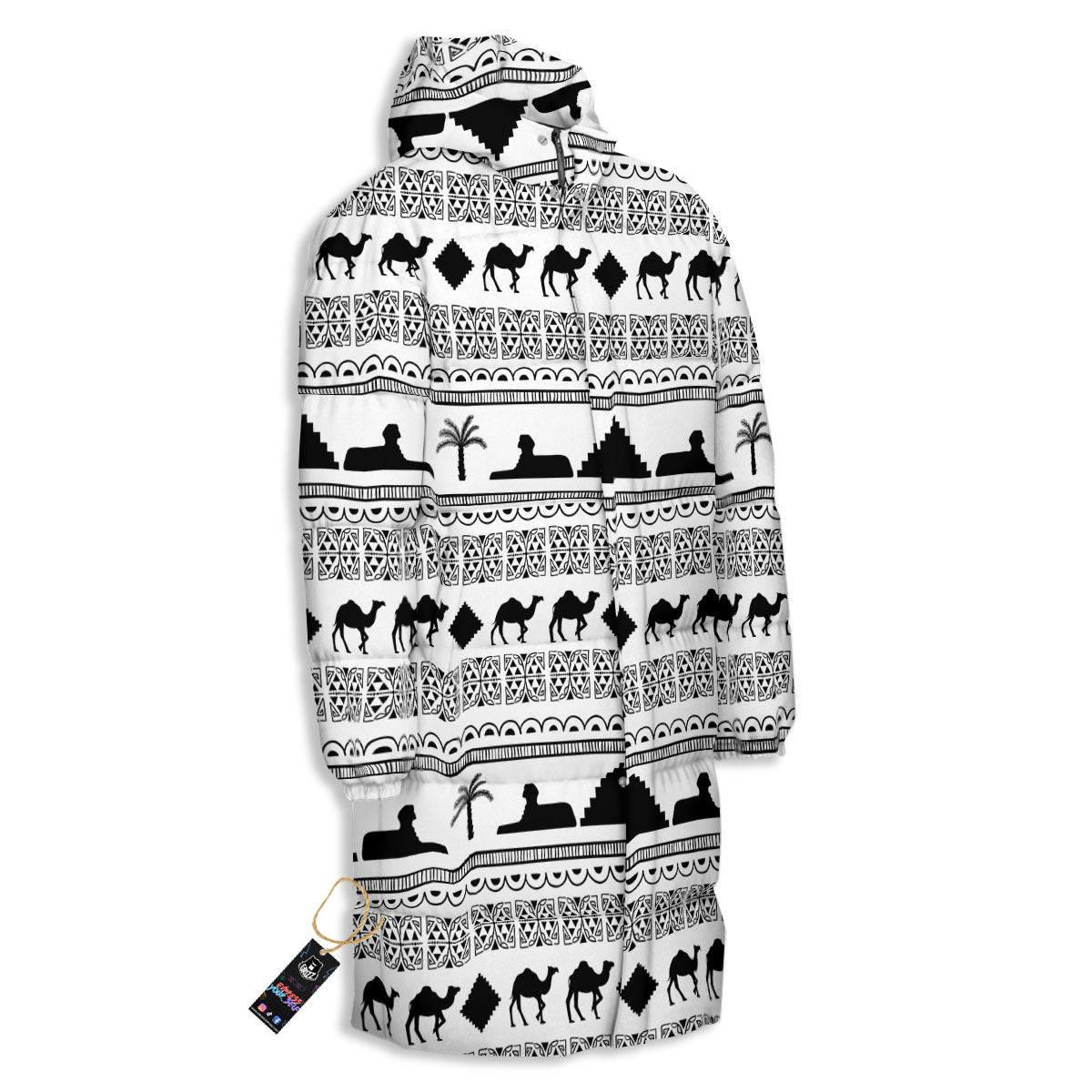 Egyptian White And Black Print Pattern Long Down Jacket