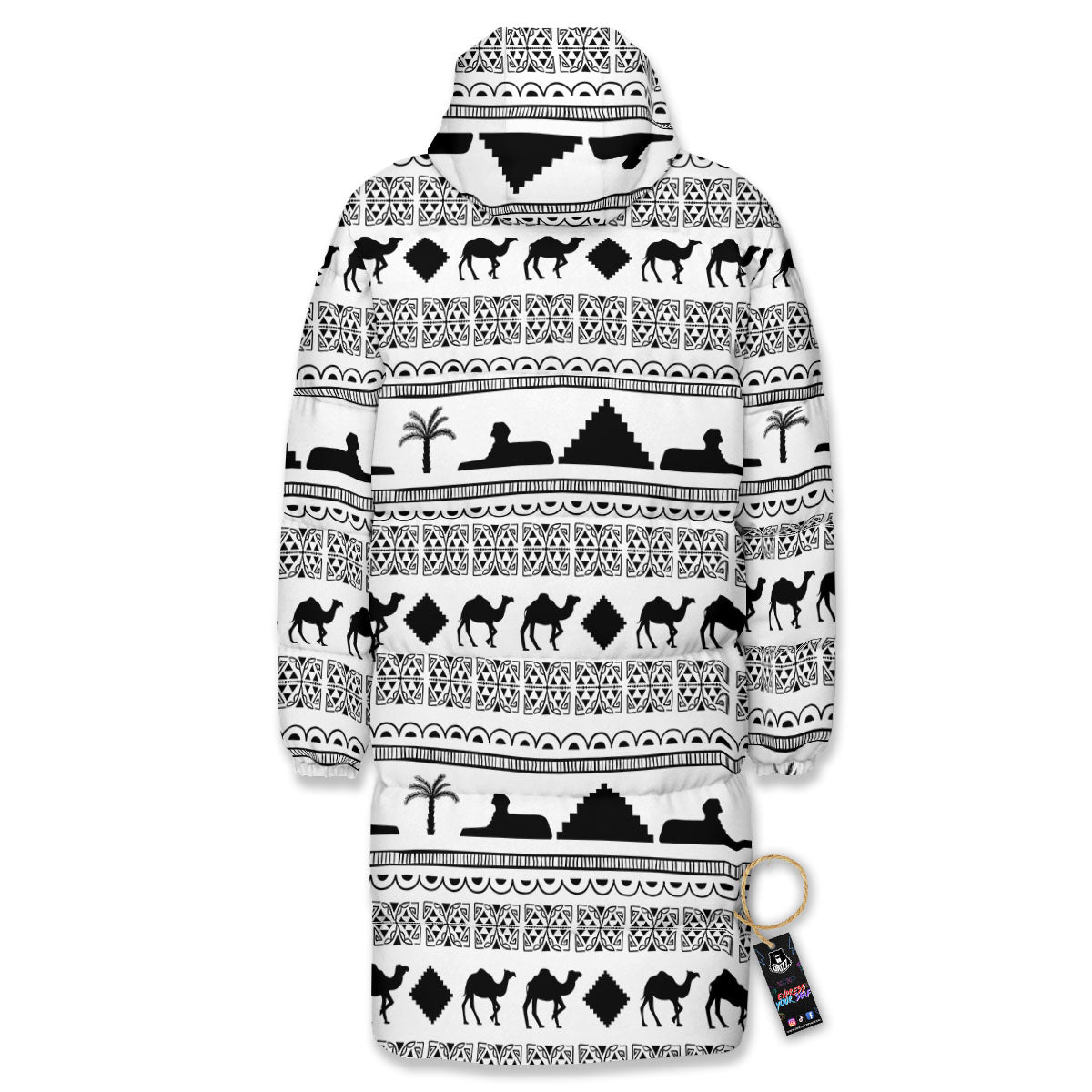 Egyptian White And Black Print Pattern Long Down Jacket