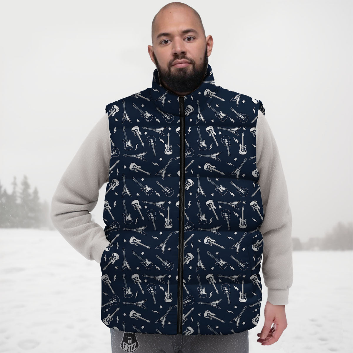Electric Guitar Print Pattern Down Vest-grizzshop